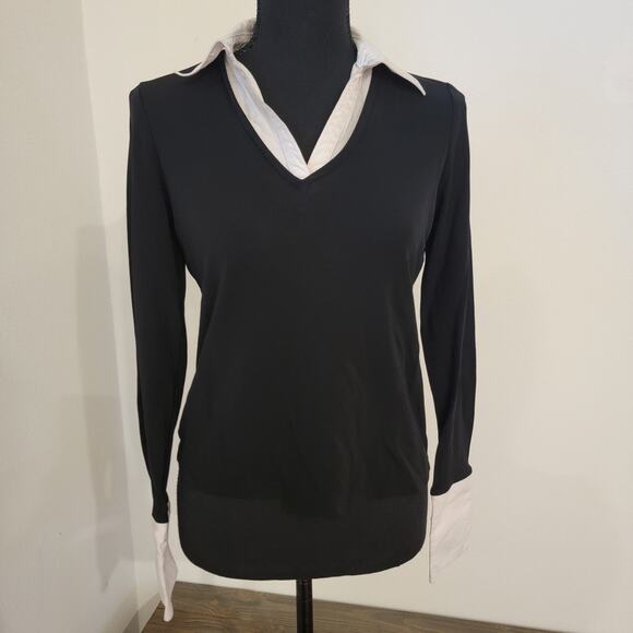Liz Claiborne 2-in-1 Longsleeve Pullover Blouse Black Knit White Collared SM P - Picture 1 of 12